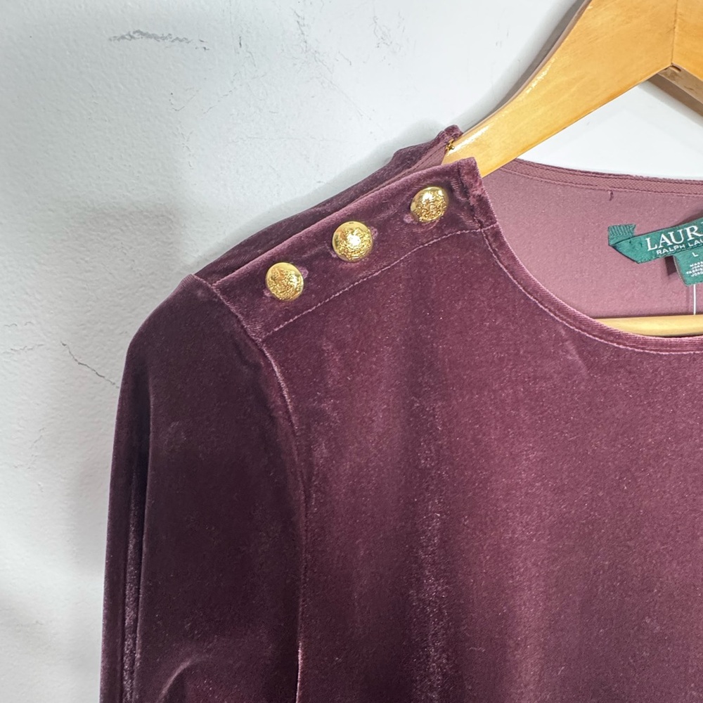 Lauren Ralph Lauren Burgundy Gold Button Stretch Velvet Tunic Top NWT Large - Picture 4 of 5